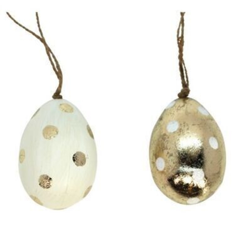 Acrylic moulded egg shaped hanging decoration with gold and white polka dot detail. The perfect addition to your home for Easter and Spring. 2 designs. By Gisela Graham.